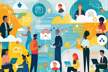 Poster - a group of people working in an office, Artistic rendition of various employees interacting through a shared online workspace