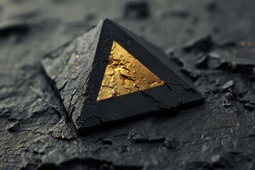 Poster - a triangle shaped object on a black surface, shiny black clay logo of an Egyptian pyramid subtly highlighted with gold accents