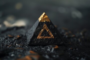 Fototapete - a triangle shaped object on a black surface, shiny black clay logo of an Egyptian pyramid subtly highlighted with gold accents
