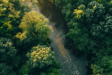 Wall Mural - Aerial views of an autumn forest with colorful leaves, a flowing river, and tranquil streams, perfect for fall adventures.