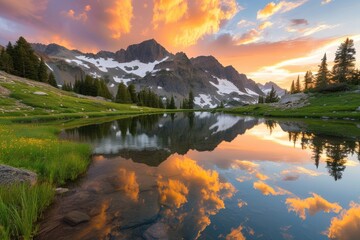 Aufkleber - a mountain lake with a sunset in the background, tranquil mountain lake reflecting the sunset sky