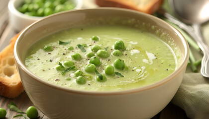 Wall Mural - Bowl of green peas cream soup on wooden table