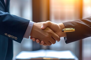 Poster - two people are signing a document with a pen, Business partners exchanging a golden pen after signing a contract, representing a successful negotiation and agreement