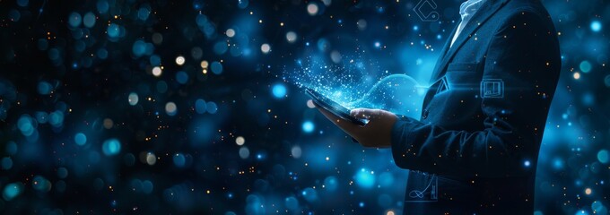 Poster - Businessman holding a digital tablet showcasing futuristic technology concepts