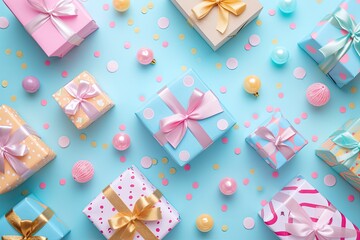 a bunch of colorful wrapped presents on a pink surface, Craft a background featuring birthday presents and gift boxes