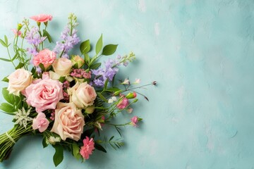 Wall Mural - a blue background with pink and white flowers, Craft a background showcasing a happy birthday floral arrangement