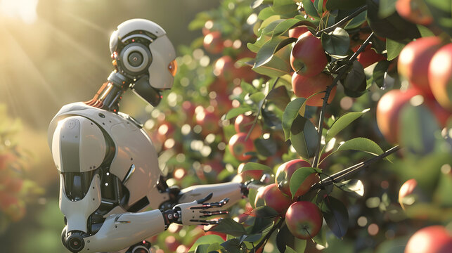 Robots harvesting apples in an orchard, showcasing advanced agriculture technology and automation in a lush, sunlit environment