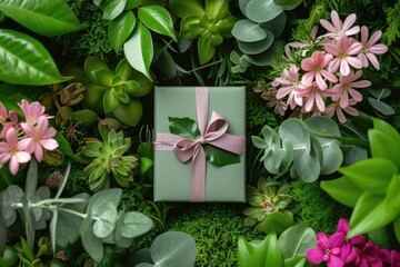 Aufkleber - a present box with a pink ribbon and a bow, Craft a gift box in a lush garden setting with vibrant greenery
