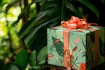Aufkleber - a small gift box with a bow on top of a tree stump, Craft a gift box surrounded by lush tropical foliage and exotic birds