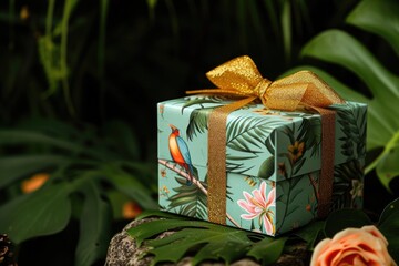 Aufkleber - a small gift box with a bow on top of a tree stump, Craft a gift box surrounded by lush tropical foliage and exotic birds