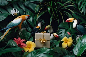 Aufkleber - a small gift box with a bow on top of a tree stump, Craft a gift box surrounded by lush tropical foliage and exotic birds