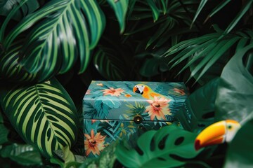 Aufkleber - a small gift box with a bow on top of a tree stump, Craft a gift box surrounded by lush tropical foliage and exotic birds