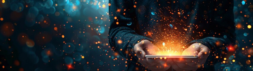 Poster - Businessman holding tablet with glowing holographic display in dark environment