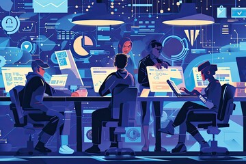 Aufkleber - a group of people working at desks in a room, Craft a detailed vector illustration of a thriving healthcare clinic