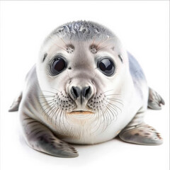 Wall Mural - An adorable baby seal with big round eyes, lying on its belly, isolated on white background