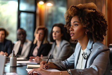 Aufkleber - a group of people sitting around a table talking, Business analysts conducting market research