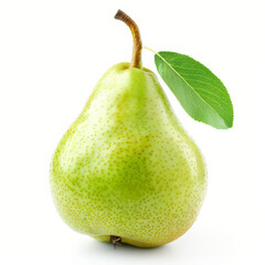 Wall Mural - A juicy, green pear with a shiny skin and a stem, isolated on white background