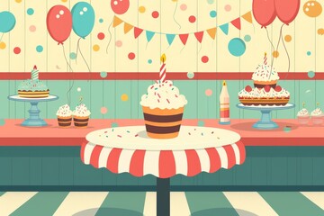 Aufkleber - a birthday party with a cake and balloons, Illustrate a birthday background with a retro diner party