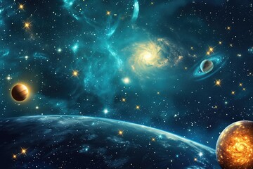 Poster - a space scene with planets, celestial scene with planets and stars