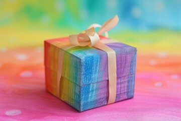 Aufkleber - a small colorful gift box with a bow, Illustrate a gift box with a rainbow background for a cheerful vibe