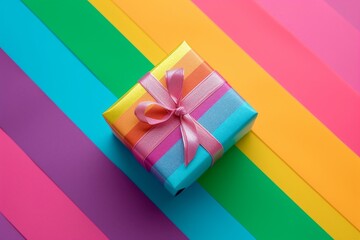 Aufkleber - a small colorful gift box with a bow, Illustrate a gift box with a rainbow background for a cheerful vibe