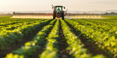 Tractor spraying fertilizer or pesticide on crops in field