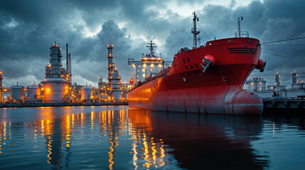 Red cargo ship docked at a large industrial refinery at dusk