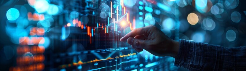 Poster - Businessman analyzing financial data on digital screen with upward graph