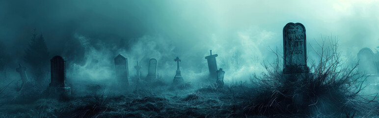 Wall Mural - background with faded gravestones and a light mist effect, using minimalistic design and a dark gradient to evoke a mysterious and eerie Halloween graveyard