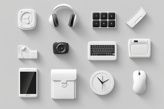 a collection of different types of electronic devices, Minimalistic design of Y2K icons in a monochromatic color scheme