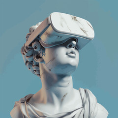 marble statue wearing a modern virtual reality headset, blending ancient art with contemporary technology against a blue background. Generative ai vector illustration.