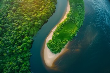 Wall Mural - Forest river in aerial water nature. Landscape green summer travel on top trees. Drone rainforest island in environment beauty. Tourism sky view in tropical mangrove. Outdoors lake