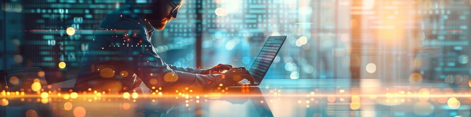 Poster - Businessman using smartphone and laptop in modern office with data overlay