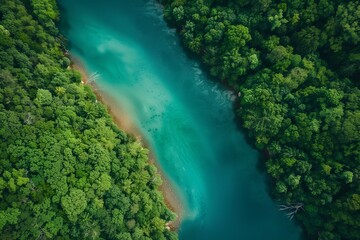 Wall Mural - Green water and aerial views of nature, forest landscapes, and rivers perfect for travel. Trees in blue outdoor settings, with drone tourism capturing beauty on islands. European