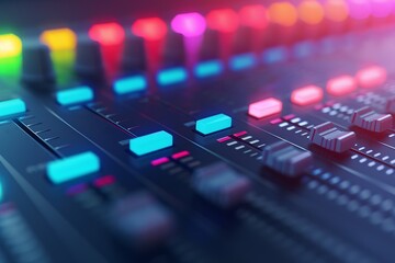 Wall Mural - Close-up shot of a vibrant sound mixing board with illuminated buttons. Ideal for music production, studio setup, and audio technology concepts.