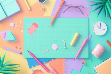 Poster - A flat lay photo showcasing a variety of colorful stationery and office supplies arranged on a desk, including pencils, pens, an eraser, a notebook, and a clock. Generative AI