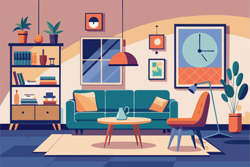 Poster - a living room with a couch, chair, table and clock, Scandinavian design with minimalist furnishings