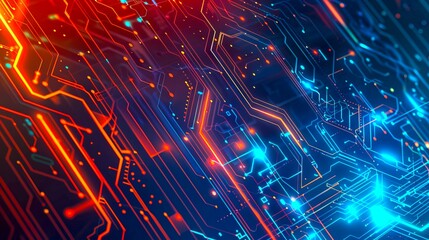 Aufkleber - Vibrant abstract digital circuit board in bright red and blue colors, showcasing modern technology. High-tech theme. Ideal for backgrounds, presentations, and futuristic designs. AI