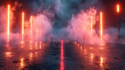 Wall Mural - 3D rendering old wet asphalt neon lights street with smoke on black background