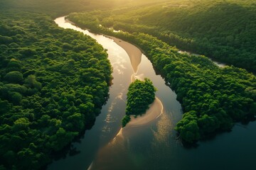 Wall Mural - River in nature during summer, a landscape of water captured in an aerial view. Green forests perfect for travel, showcasing beauty. Trees and environment views outdoors in spring