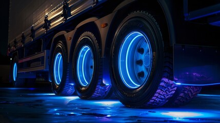 Wall Mural - Truck wheels illuminated with blue neon lights on a dark background.