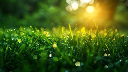 Wall Mural - An image of a lush field of spring grass with dewdrops sparkling in the morning sunlight. This is a perfect image for themes related to growth, renewal, and nature.