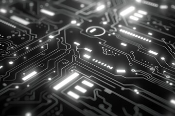 Poster - Technology in computer electronics with circuit board. Motherboard processor in background abstract digital tech. Communication hardware in blue industry design. Equipment