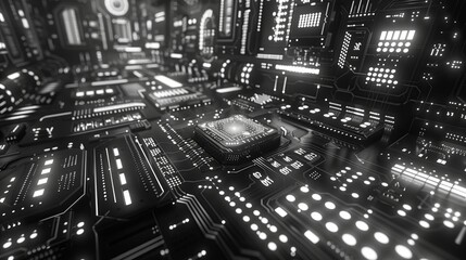 Poster - Technology in computing hardware with digital processor. Circuit electronic tech in abstract industrial board. Network background for science information system. Engineering