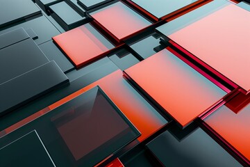 Poster - Abstract modern design. Geometric square shapes, digital cubes. Futuristic wallpaper style, red and blue blocks. Light geometry, colorful 3D elements. Mosaic pattern, bright