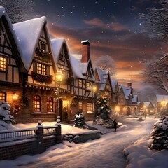 Wall Mural - Winter village at night with snow covered houses and christmas trees.