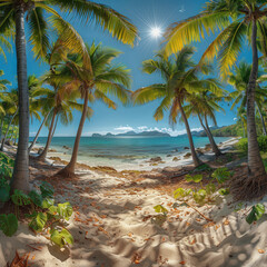 Tropical island with tall coconut trees, turquoise water and white sandy beach. Bright daylight