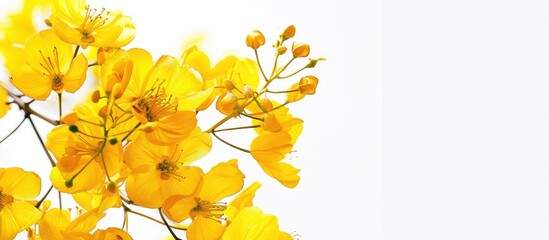 Sticker - Golden shower flowers or Cassia fistula flowers in bloom against a white backdrop with space for advertising.