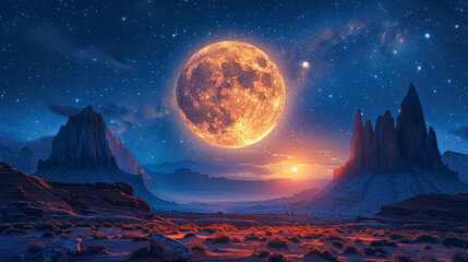 Wall Mural - a large orange moon is in the sky above a desert landscape. the moon is surrounded by stars and the 