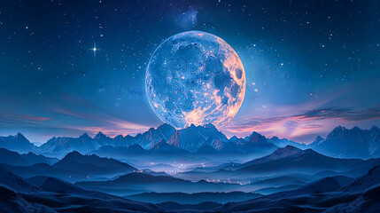 Wall Mural - a large blue moon is in the sky above a mountain range. the sky is dark and the moon is the only lig